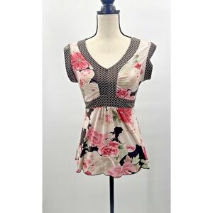 VTG Y2K Babydoll Top Dressbarn Small Tie Back Floral Retro Stretch Cottage Boho